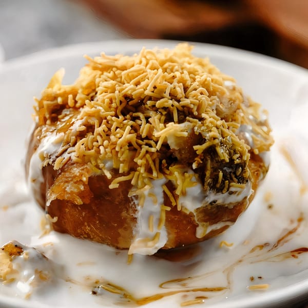 Close-up of an Indian dish topped with white sauce and crispy golden sev on a white plate.