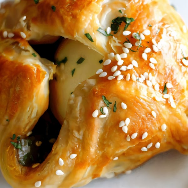Golden-brown Indian pastry, possibly a samosa, garnished with sesame seeds and fresh herbs.