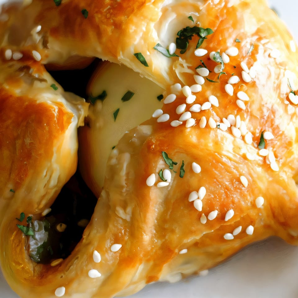 Golden-brown Indian pastry, possibly a samosa, garnished with sesame seeds and fresh herbs.