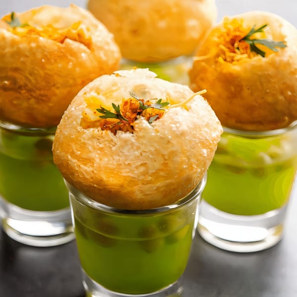 Three golden-fried pani puri shells filled with spices and herbs, each balanced on a shot glass of green pani.